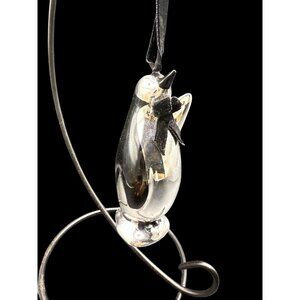 Silver Tone and Black Penguin Ceramic Ornament With Black Ribbon Accent